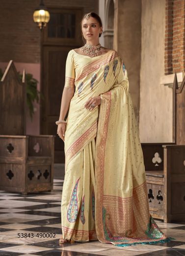 Cream Woven Soft Silk Saree For Traditional / Religious Occasions