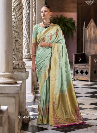 Light Celadon Woven Soft Silk Saree For Traditional / Religious Occasions