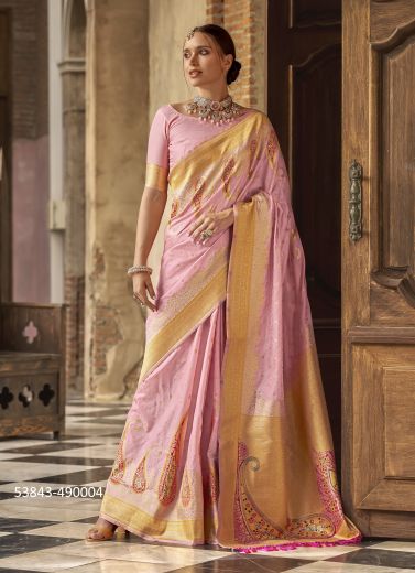 Pink Woven Soft Silk Saree For Traditional / Religious Occasions