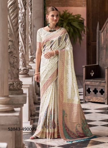 White Woven Soft Silk Saree For Traditional / Religious Occasions