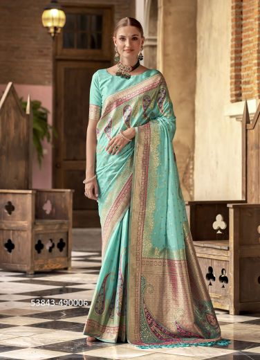 Aqua Woven Soft Silk Saree For Traditional / Religious Occasions