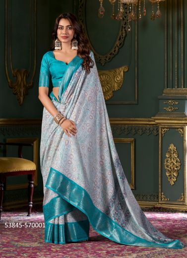 Off White & Teal Blue Dola Silk Foil-Printed Saree For Traditional / Religious Occasions