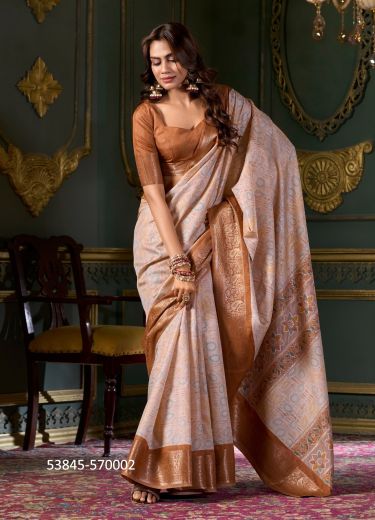 Light Salmon & Brown Dola Silk Foil-Printed Saree For Traditional / Religious Occasions