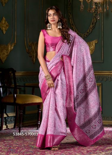 Baby Pink & Purple Dola Silk Foil-Printed Saree For Traditional / Religious Occasions