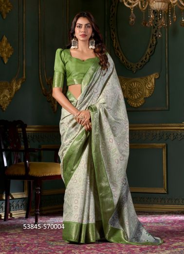 Off White & Green Dola Silk Foil-Printed Saree For Traditional / Religious Occasions