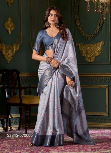 Off White & Steel Blue Dola Silk Foil-Printed Saree For Traditional / Religious Occasions