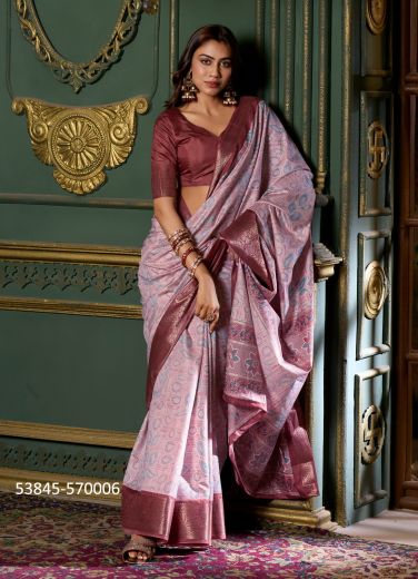 Pink & Wine Dola Silk Foil-Printed Saree For Traditional / Religious Occasions