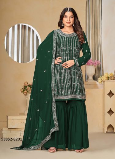 Green Faux Georgette Embroidered Party-Wear Gharara-Bottom Readymade Salwar Kameez