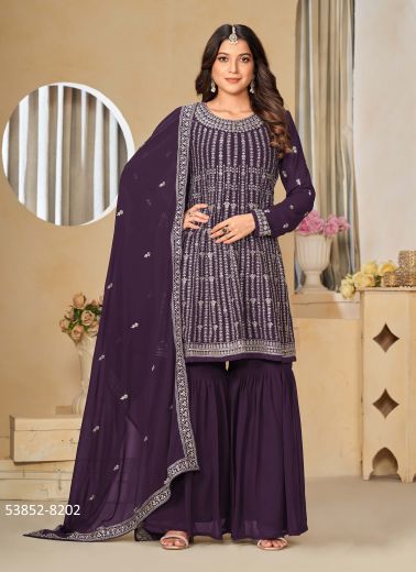 Dark Violet Faux Georgette Embroidered Party-Wear Gharara-Bottom Readymade Salwar Kameez