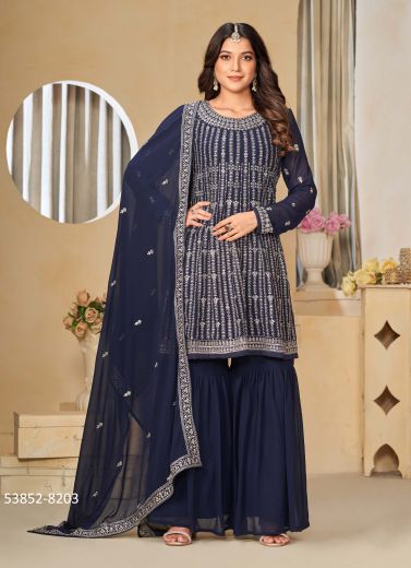 Navy Blue Faux Georgette Embroidered Party-Wear Gharara-Bottom Readymade Salwar Kameez