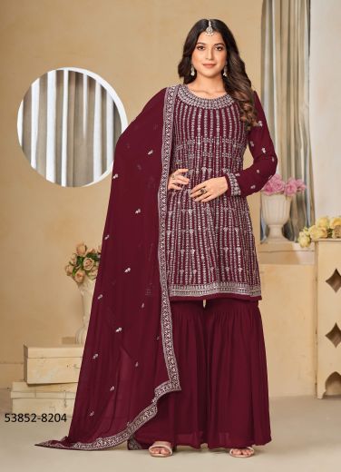 Maroon Faux Georgette Embroidered Party-Wear Gharara-Bottom Readymade Salwar Kameez