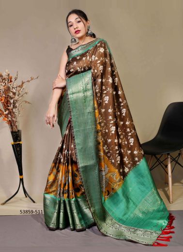 Coffee Brown & Teal Blue Kanjivaram Silk Digitally Printed Festive-Wear Saree