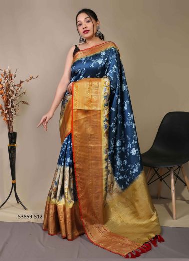 Navy Blue & Orange Kanjivaram Silk Digitally Printed Festive-Wear Saree