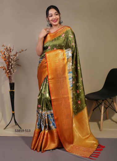 Olive Green & Orange Kanjivaram Silk Digitally Printed Festive-Wear Saree