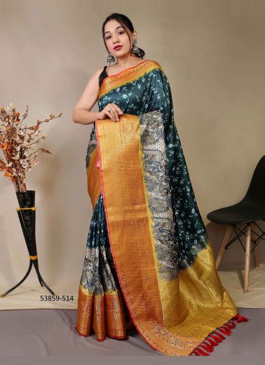 Dark Sea Blue & Orange Kanjivaram Silk Digitally Printed Festive-Wear Saree