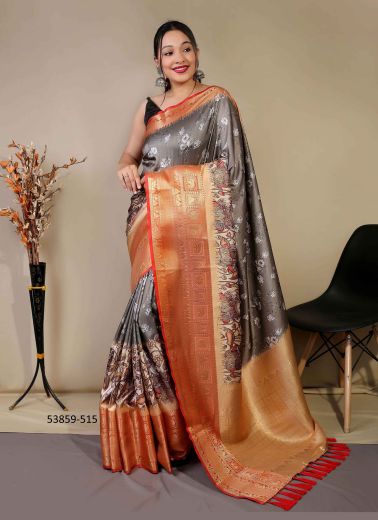 Gray & Coral Kanjivaram Silk Digitally Printed Festive-Wear Saree