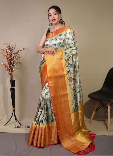 Ice Blue & Orange Kanjivaram Silk Digitally Printed Festive-Wear Saree