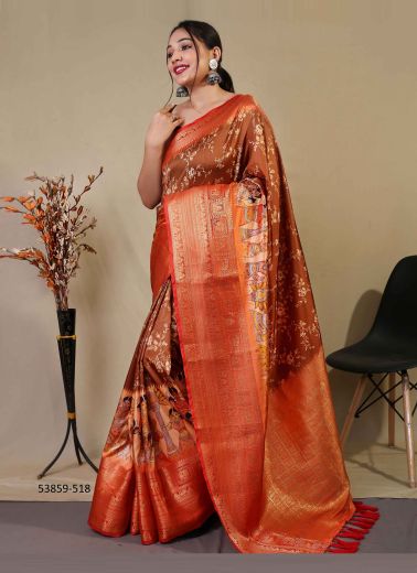 Brown & Coral Kanjivaram Silk Digitally Printed Festive-Wear Saree