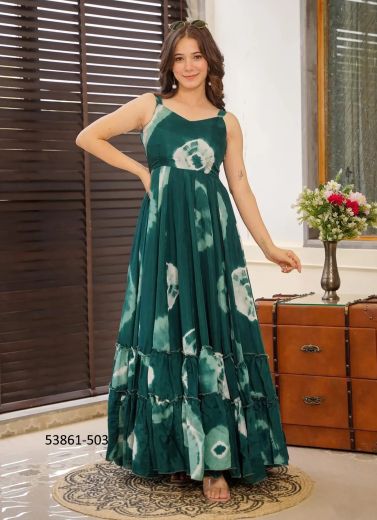 Teal Green & White Rayon Digitally Printed Resort-Wear Floor-Length Readymade Gown