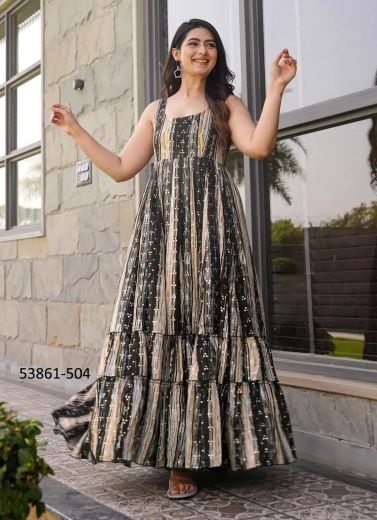 Black & Bone White Rayon Digitally Printed Resort-Wear Floor-Length Readymade Gown