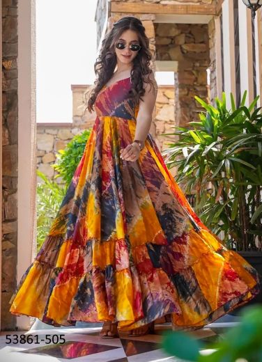 Multicolor Rayon Digitally Printed Resort-Wear Floor-Length Readymade Gown