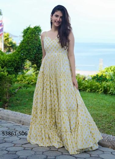 White & Yellow Rayon Digitally Printed Resort-Wear Floor-Length Readymade Gown