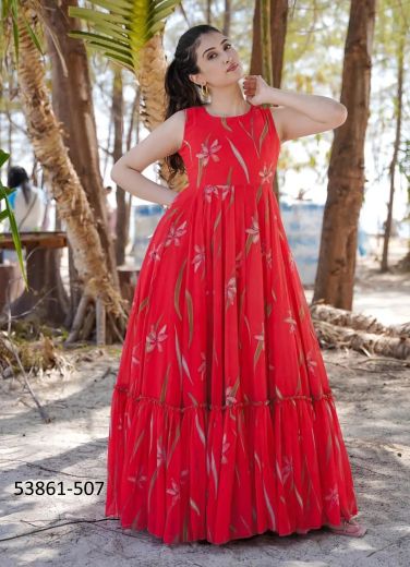 Coral Red Georgette Digitally Printed Resort-Wear Floor-Length Readymade Gown