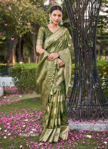 Olive Green Woven Soft Silk Saree For Traditional / Religious Occasions