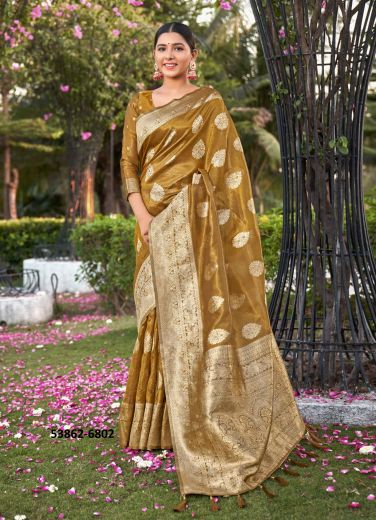 Golden Brown Woven Soft Silk Saree For Traditional / Religious Occasions