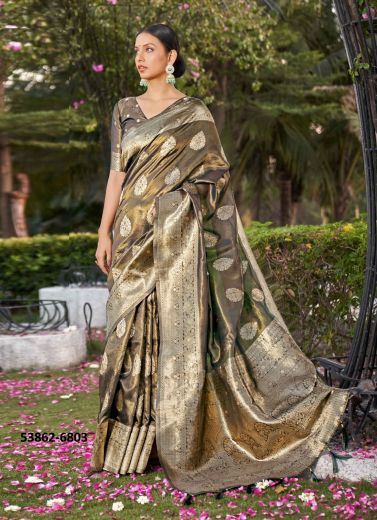 Warm Gray Woven Soft Silk Saree For Traditional / Religious Occasions