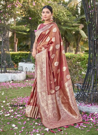 Light Coral Woven Soft Silk Saree For Traditional / Religious Occasions