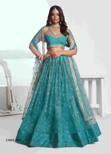 Teal Blue Net With Two Tone Cotton Sequins-Work Party-Wear Stylish Lehenga Choli