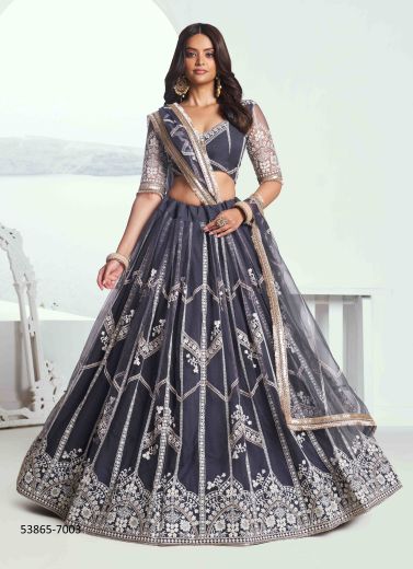 Dark Gray Net With Two Tone Cotton Sequins-Work Party-Wear Stylish Lehenga Choli