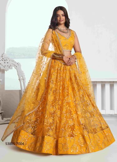 Orange Net With Two Tone Cotton Sequins-Work Party-Wear Stylish Lehenga Choli