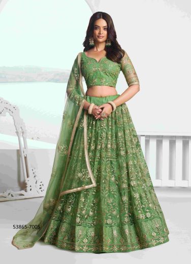 Parrot Green Net With Two Tone Cotton Sequins-Work Party-Wear Stylish Lehenga Choli