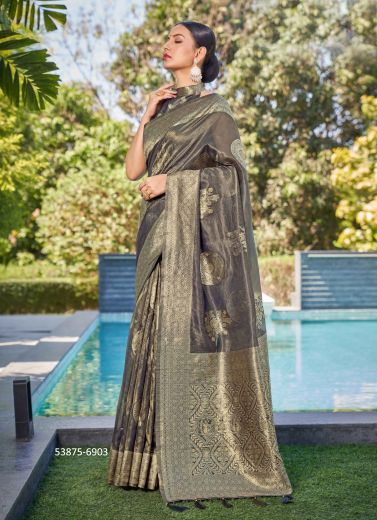 Warm Gray Woven Soft Silk Saree For Traditional / Religious Occasions