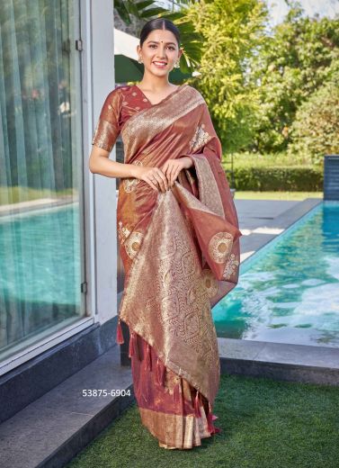 Dark Coral Woven Soft Silk Saree For Traditional / Religious Occasions