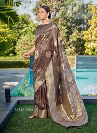 Coffee Brown Woven Soft Silk Saree For Traditional / Religious Occasions