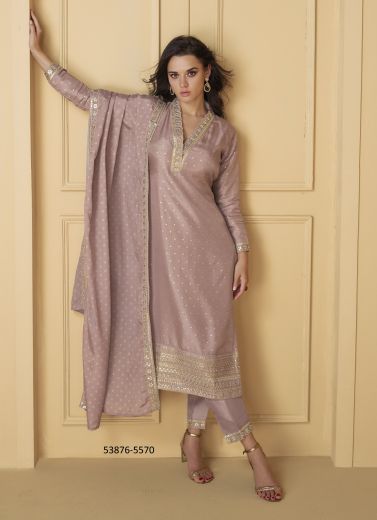 Light Mauve Woven Viscose Jacquard Silk Readymade Salwar Kameez For Traditional / Religious Occasions