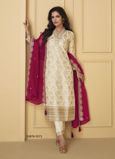 White & Wine Red Woven Viscose Jacquard Silk Readymade Salwar Kameez For Traditional / Religious Occasions