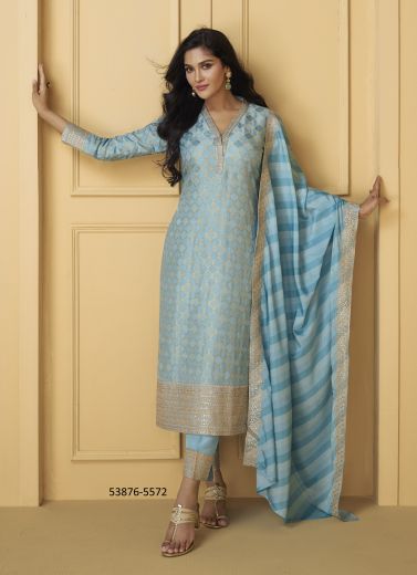 Sky Blue Woven Viscose Jacquard Silk Readymade Salwar Kameez For Traditional / Religious Occasions