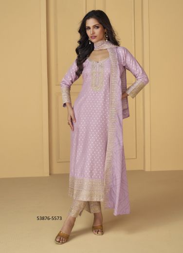 Lilac Woven Viscose Jacquard Silk Readymade Salwar Kameez For Traditional / Religious Occasions