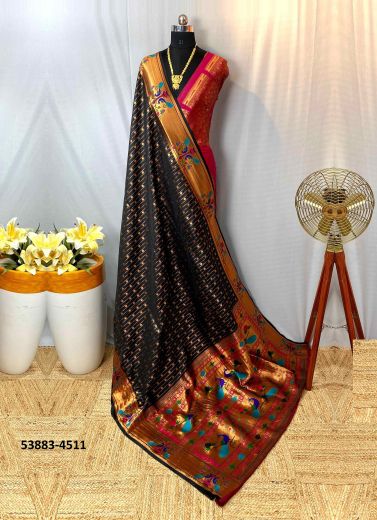 Black Woven Pure Paithani Soft Silk Saree For Traditional / Religious Occasions