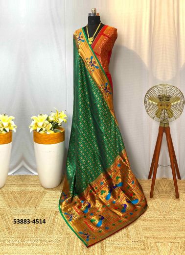 Green Woven Pure Paithani Soft Silk Saree For Traditional / Religious Occasions