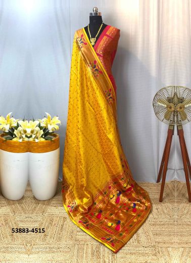 Yellow Woven Pure Paithani Soft Silk Saree For Traditional / Religious Occasions