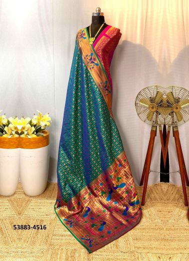 Teal Green Woven Pure Paithani Soft Silk Saree For Traditional / Religious Occasions