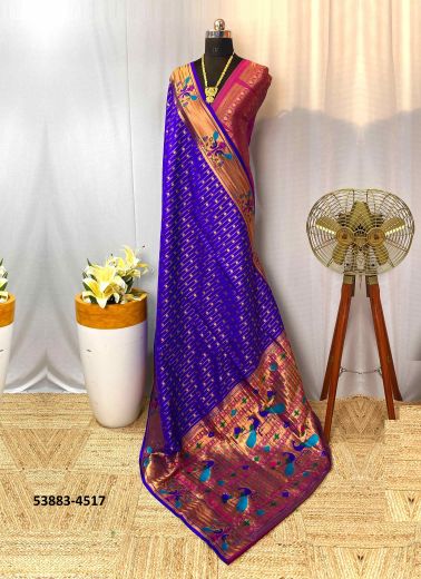 Violet Blue Woven Pure Paithani Soft Silk Saree For Traditional / Religious Occasions