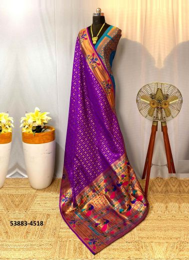 Purple Woven Pure Paithani Soft Silk Saree For Traditional / Religious Occasions