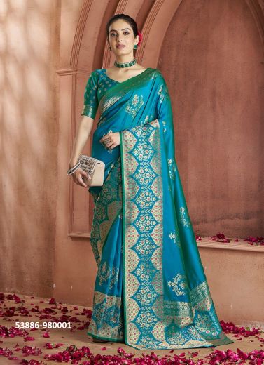 Teal Blue Woven Festive-Wear Banarasi Silk Saree