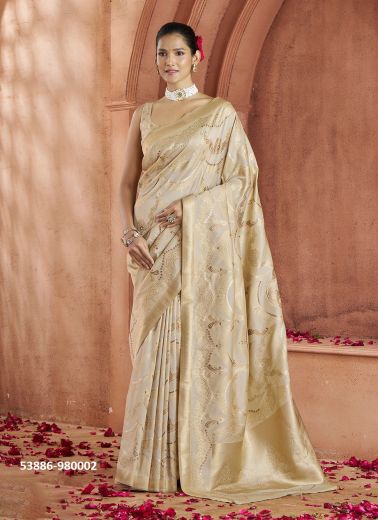 Beige Woven Festive-Wear Banarasi Silk Saree